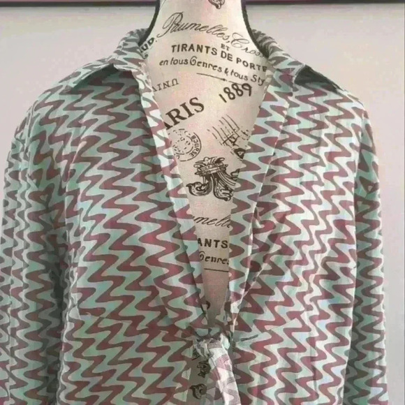 ZARA | Women's Green/Brown Cotton Zigzag Collard Tie Up Long  Sleeved Dr… - Picture 3 of 5